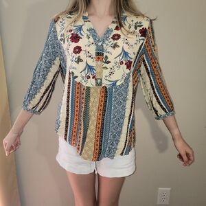 Figueroa & Flower Womens Size L Floral Long Sleeve Top V Scoop Neck Flowy